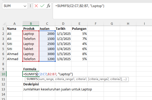 Contoh penggunaan fungsi Excel SUMIFS untuk jumlah jualan