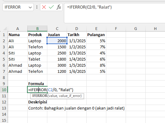 Rajah fungsi Excel IFERROR untuk atasi ralat