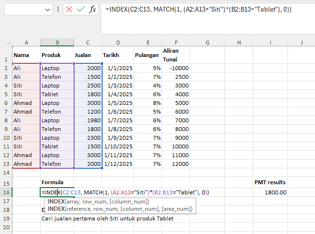 Panduan fungsi Excel INDEX MATCH untuk carian data 2 dimensi