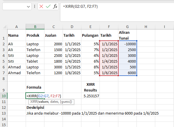 Carta fungsi Excel XIRR mengira kadar pulangan pelaburan