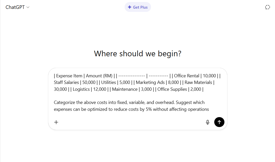AI categorizing fixed, variable, and overhead costs with ChatGPT for financial analysis