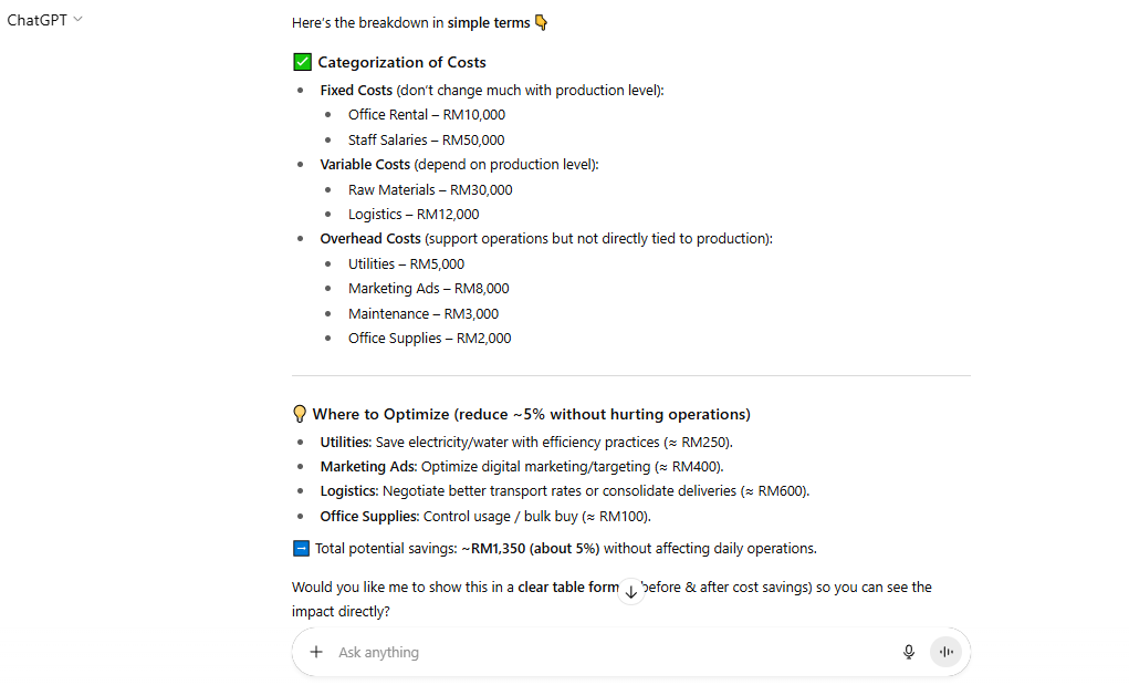 Results AI categorizing fixed, variable, and overhead costs with ChatGPT for financial analysis