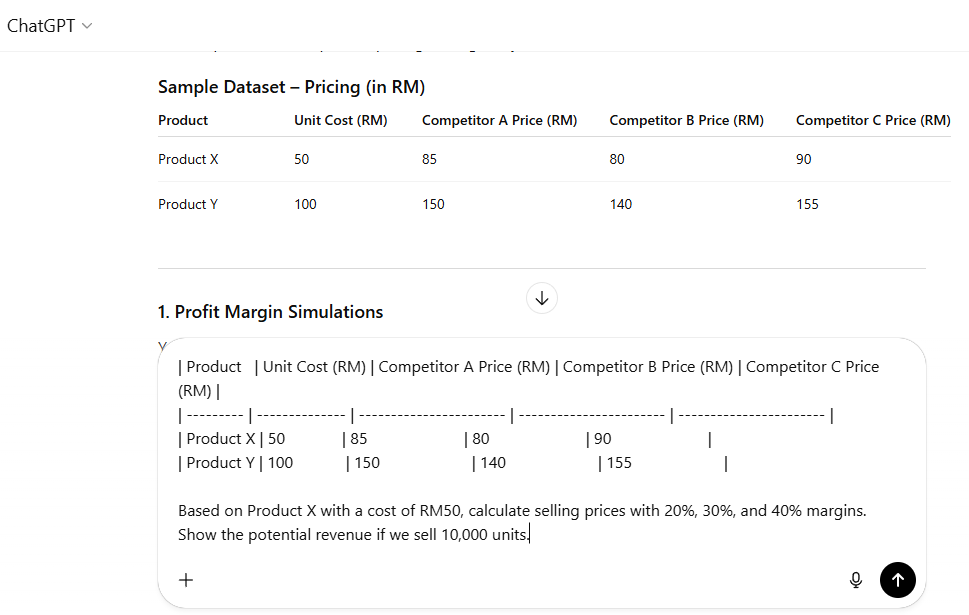 ChatGPT for financial analysis calculating profit margins