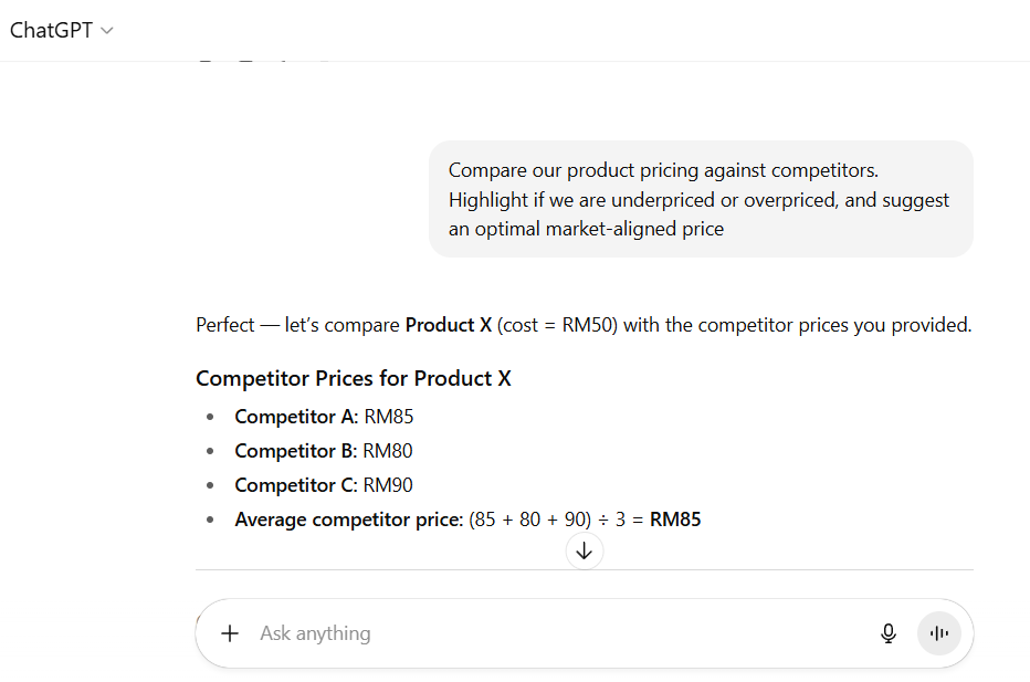 ChatGPT for financial analysis comparing competitor prices