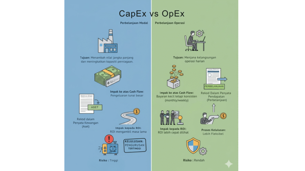 Carta perbandingan Perbezaan CapEx dan OpEx dari segi kos, kelulusan dan impak kewangan