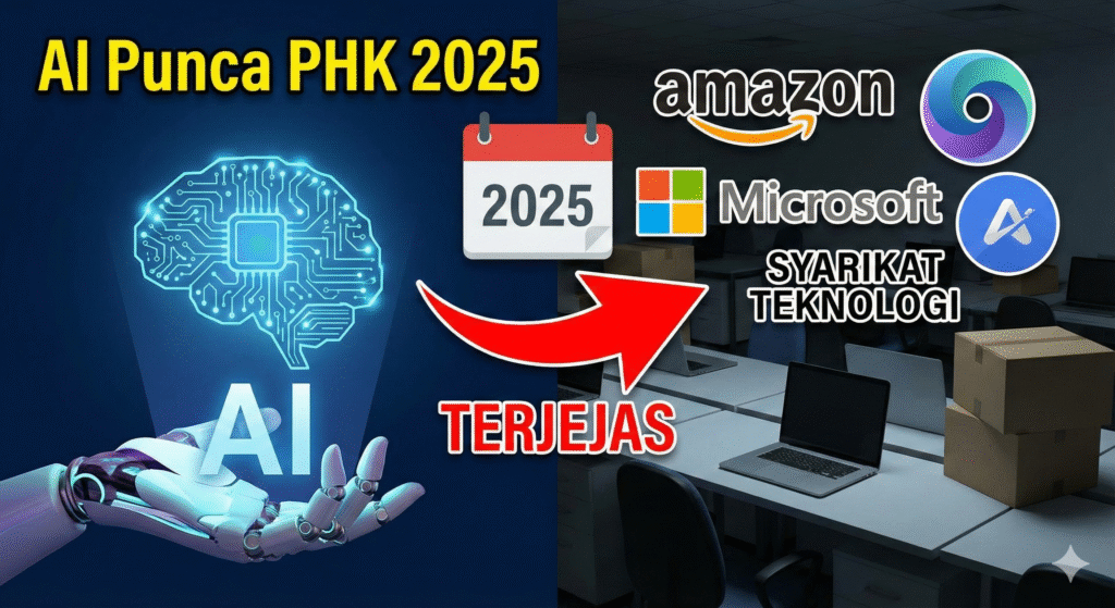 Graphic titled “AI Punca PHK 2025” showing a robotic hand holding a glowing AI brain, a calendar marked 2025, and logos of major tech companies like Amazon and Microsoft with an arrow pointing to office desks, suggesting tech layoffs linked to AI impact.