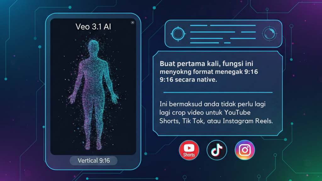 Infographic about Veo 3.1 AI showing native support for vertical 9:16 video format, with a smartphone-style frame displaying a digital human figure and text explaining that users no longer need to crop videos for YouTube Shorts, TikTok, or Instagram Reels, alongside the platform icons.