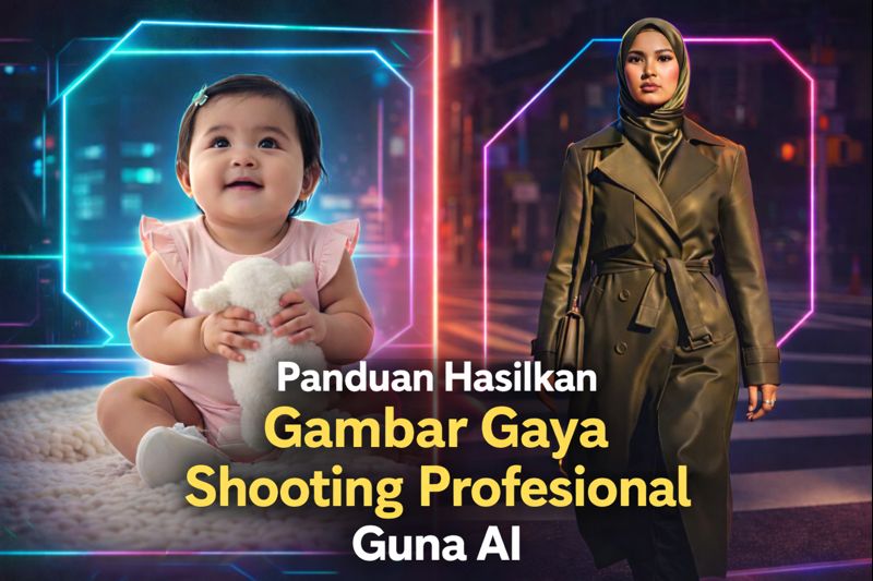 Promotional graphic titled “Panduan Hasilkan Gambar Gaya Shooting Profesional Guna AI,” showing a baby holding a plush toy on the left and a stylish woman in a coat on a city street at night on the right, framed with neon outlines to represent AI-generated professional photography styles.