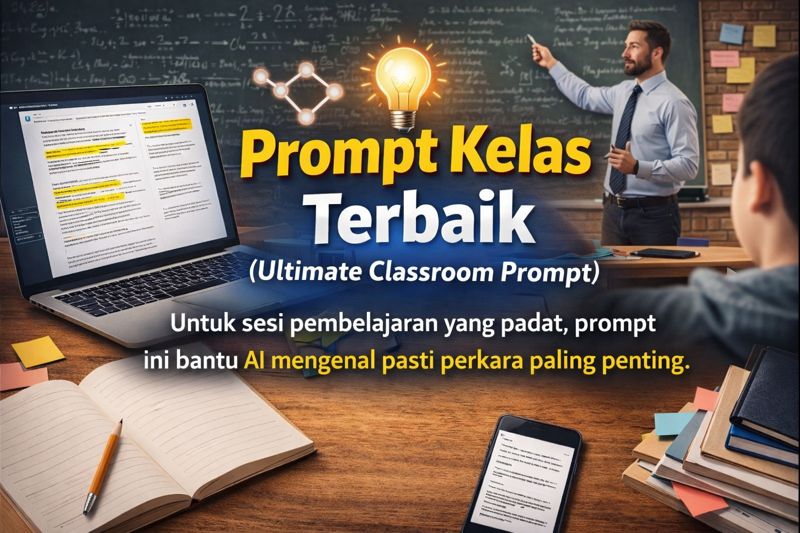 Banner digital bertema pembelajaran dengan laptop menunjukkan halaman NotebookLM, guru mengajar di depan papan hitam, buku nota terbuka dan ikon mentol serta otak bercahaya menonjolkan tajuk “Prompt Kelas Terbaik”.