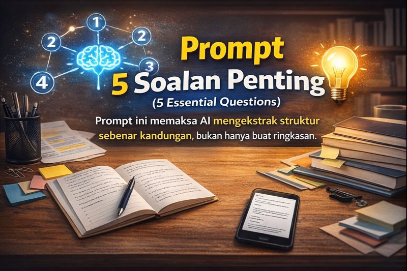 Gambar banner AI dengan laptop memaparkan soalan penting, ikon otak bersambung lima nombor, buku nota terbuka dan telefon pintar di atas meja kayu menyorot tajuk “Prompt 5 Soalan Penting”.