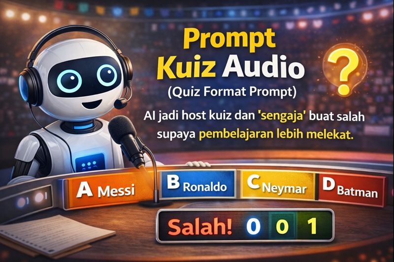 Imej robot AI sebagai hos kuiz memakai headphone, mikrofon, pilihan jawapan A–D, dan paparan “Salah!” dengan skor kecil; menekankan “Prompt Kuiz Audio”.