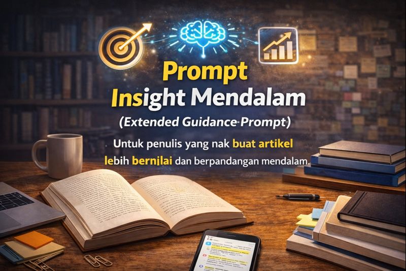 Gambar promosi dengan buku terbuka, komputer riba dan ikon sasaran serta otak bercahaya; menonjolkan tajuk “Prompt Insight Mendalam” untuk penulisan artikel lebih mendalam.