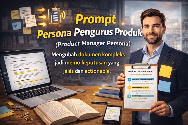 Seorang lelaki dalam pakaian profesional memegang clipboard berisi memo keputusan produk; laptop, buku nota dan sticky notes mengiringi tajuk “Prompt Persona Pengurus Produk”.