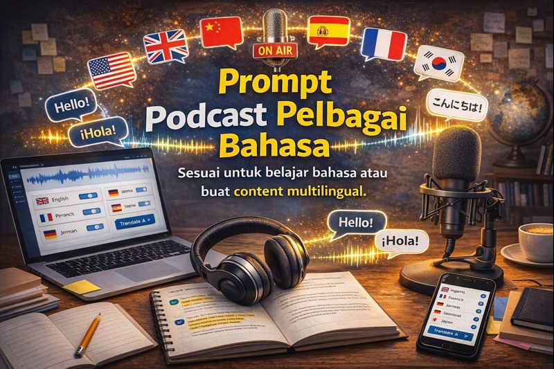 Banner podcast multilingual dengan mikrofon studio, headphone, laptop menunjukkan tetapan bahasa, ikon bendera antarabangsa dan dialog sapaan seperti “Hello” dan “Hola”.