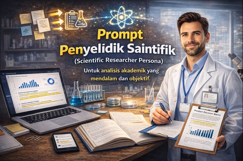 Saintis lelaki memakai kot makmal berdiri di makmal dengan alat ujikaji, laptop paparan graf, dan clipboard memo analisis; mempromosikan “Prompt Penyelidik Saintifik”.