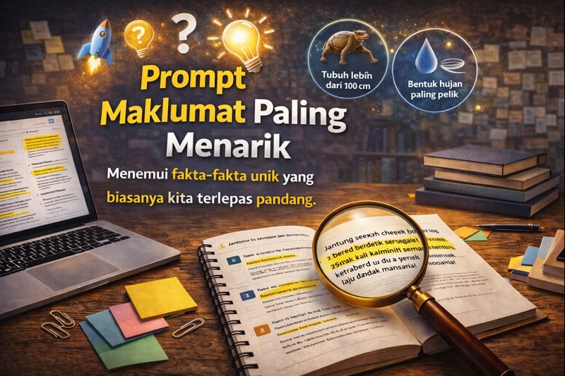 Banner maklumat menarik dengan laptop, buku nota disorot menggunakan kaca pembesar, serta ikon fakta DNA, haiwan dan titisan hujan; menonjolkan tajuk “Prompt Maklumat Paling Menarik”.