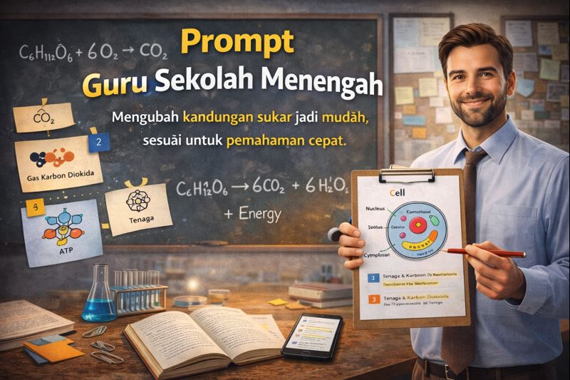 Guru lelaki tersenyum memegang carta sel pada clipboard, papan hitam dengan nota sains ringkas, buku dan alat makmal di atas meja; tajuk “Prompt Guru Sekolah Menengah”.