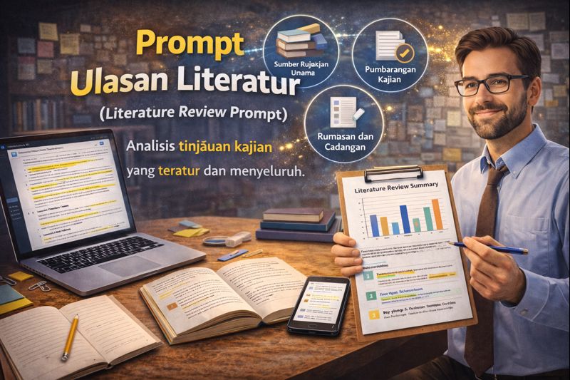 Seorang lelaki memakai cermin mata memegang ringkasan ulasan literatur dengan graf bar; laptop, buku nota dan ikon sumber rujukan berada di latar; menonjolkan “Prompt Ulasan Literatur”.