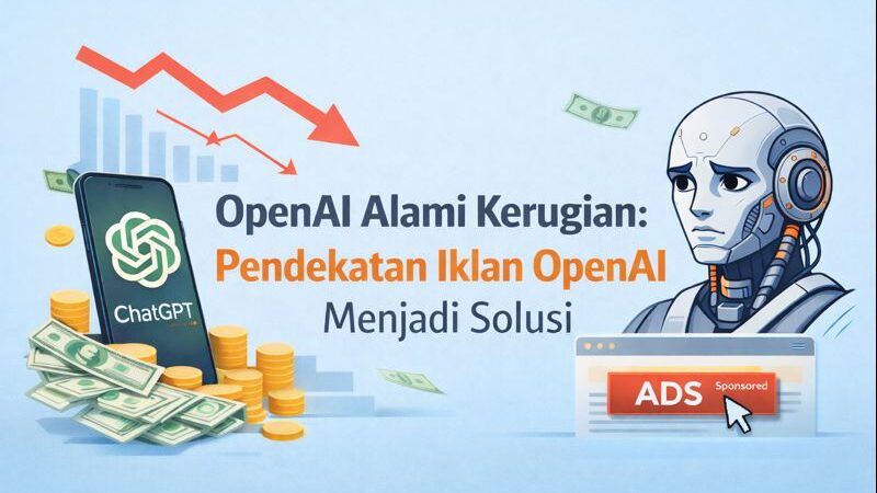 Banner graphic with the headline “OpenAI Alami Kerugian: Pendekatan Iklan OpenAI Menjadi Solusi,” featuring a smartphone showing the ChatGPT logo, stacks of coins and cash, a downward red chart arrow, a robot illustration, and an “ADS Sponsored” button to symbolize advertising as a solution to financial losses.