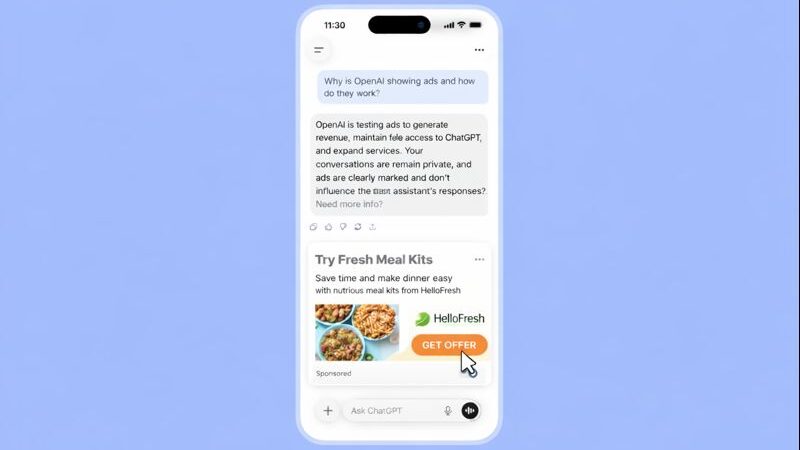 Mockup telefon pintar berwarna putih yang memaparkan antaramuka ChatGPT dengan latar biru pastel, menunjukkan mesej tentang ujian iklan OpenAI serta satu iklan makanan HelloFresh di bahagian bawah skrin.