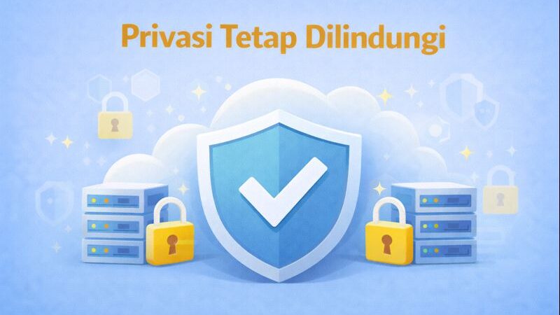 Illustration titled “Privasi Tetap Dilindungi” featuring a large shield with a check mark, surrounded by server stacks and padlock icons to represent protected data privacy and security.