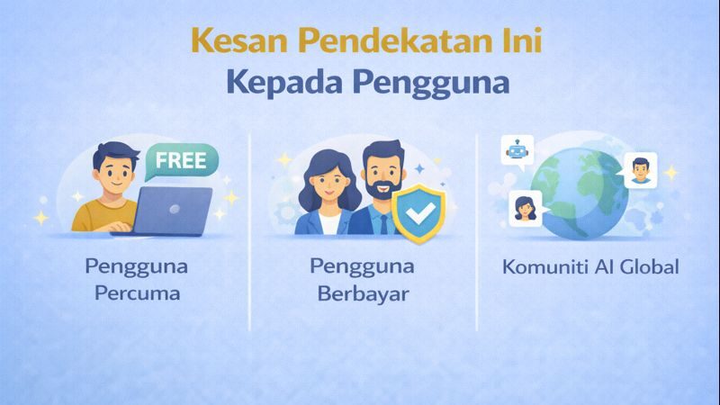 Infographic titled “Kesan Pendekatan Ini Kepada Pengguna” showing three groups: free users, paid users with added protection, and the global AI community, illustrated with icons of a person using a laptop labeled “FREE,” a couple with a shield, and a globe with connected user avatars.