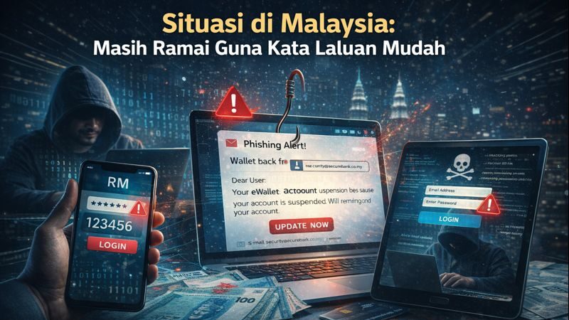 Ilustrasi risiko akaun bank dan eWallet di Malaysia digodam kerana penggunaan kata laluan lemah dan serangan phishing.