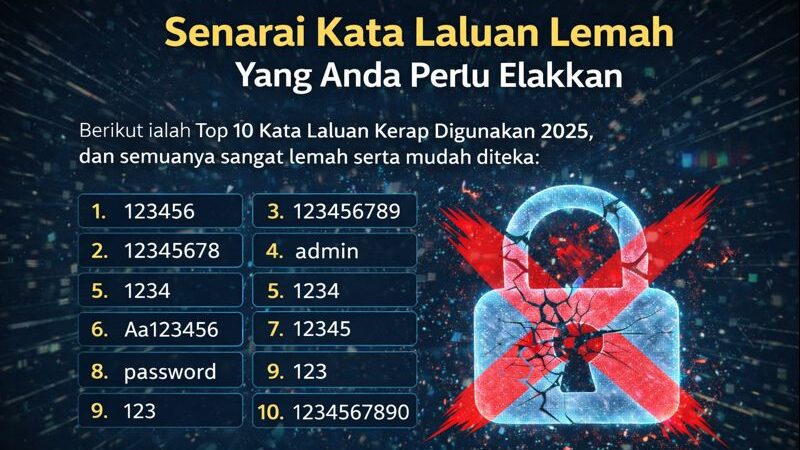 Infografik senarai top kata laluan lemah seperti 123456 dan password yang mudah digodam