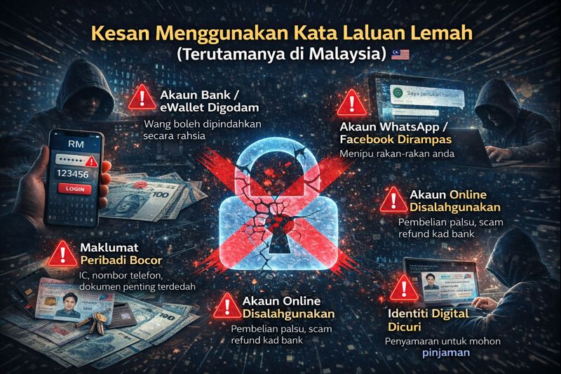 Gambar risiko penggunaan kata laluan lemah termasuk akaun bank digodam, media sosial dirampas dan maklumat peribadi bocor.