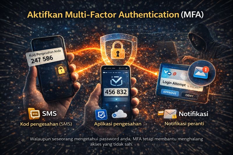 Ilustrasi Multi-Factor Authentication yang menunjukkan kod SMS, aplikasi pengesahan dan notifikasi peranti untuk keselamatan tambahan.