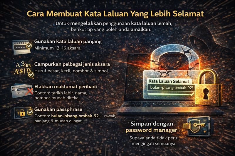 Infografik tip membuat kata laluan selamat seperti guna 16 aksara, campuran simbol dan passphrase.