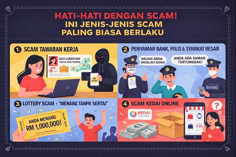 “Malay infographic titled ‘Hati-Hati Dengan Scam! Ini Jenis-Jenis Scam Paling Biasa Berlaku’ illustrating four common scams: job offer scam, impersonation of bank/police/company, lottery scam claiming big winnings, and online store scam, with cartoon visuals and warning messages.”