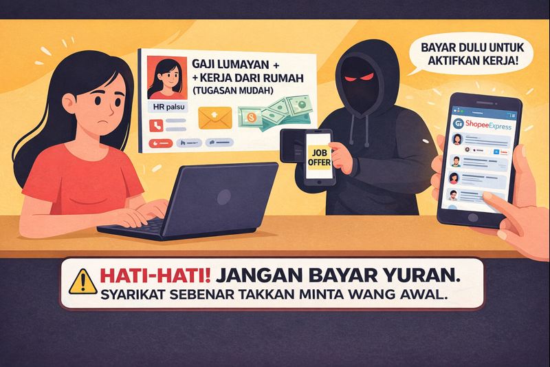 Ilustrasi digital seorang wanita muda sedang melihat tawaran kerja palsu di laptop, manakala seorang scammer berjubah hitam menunjukkan telefon dengan mesej “Bayar dulu untuk aktifkan kerja”. Visual termasuk poster gaji lumayan, tugasan mudah, dan amaran “Jangan bayar yuran, syarikat sebenar takkan minta wang awal