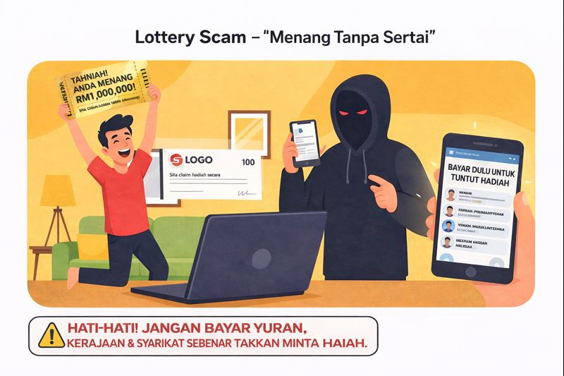 Ilustrasi seorang lelaki teruja memegang tiket palsu bertulis “Tahniah! Anda Menang RM1,000,000!”, sedangkan seorang scammer berjubah hitam menunjukkan mesej meminta bayaran untuk menuntut hadiah. Kotak cek palsu dan mesej “Bayar dulu untuk tuntut hadiah” muncul di skrin telefon. Terdapat amaran supaya tidak membayar yuran untuk hadiah palsu.
