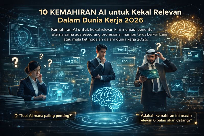 Infografik futuristik menerangkan kenapa kemahiran AI lebih penting daripada tool, menekankan fokus satu kemahiran, guna setiap hari dan bina aliran kerja konsisten.