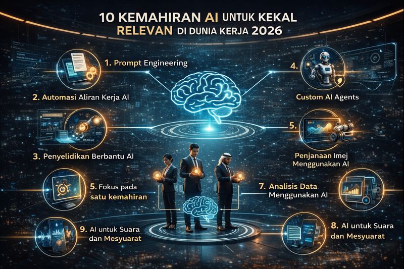 Infografik 10 kemahiran AI untuk kekal relevan di dunia kerja 2026 dengan ikon seperti prompt engineering, automasi AI, analisis data dan AI agents.