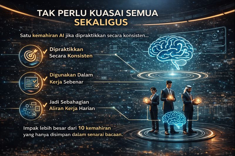 Infografik AI menunjukkan bahawa satu kemahiran AI yang dipraktikkan secara konsisten memberi impak lebih besar berbanding menguasai banyak kemahiran serentak.