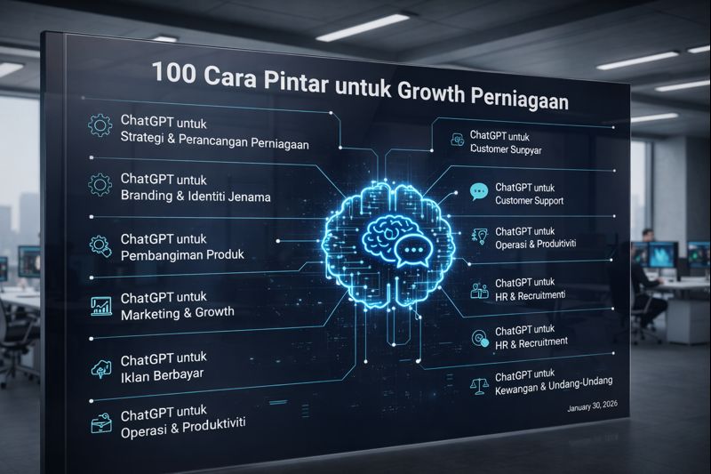 Infografik digital dalam suasana pejabat moden yang memaparkan 10 kategori penggunaan ChatGPT untuk perniagaan. Grafik menunjukkan pusat data yang disambungkan ke ikon-ikon seperti strategi perniagaan, pembangunan produk, pemasaran, sokongan pelanggan, HR, dan kewangan. Teks utama berbunyi "100 Cara Pintar untuk Growth Perniagaan"