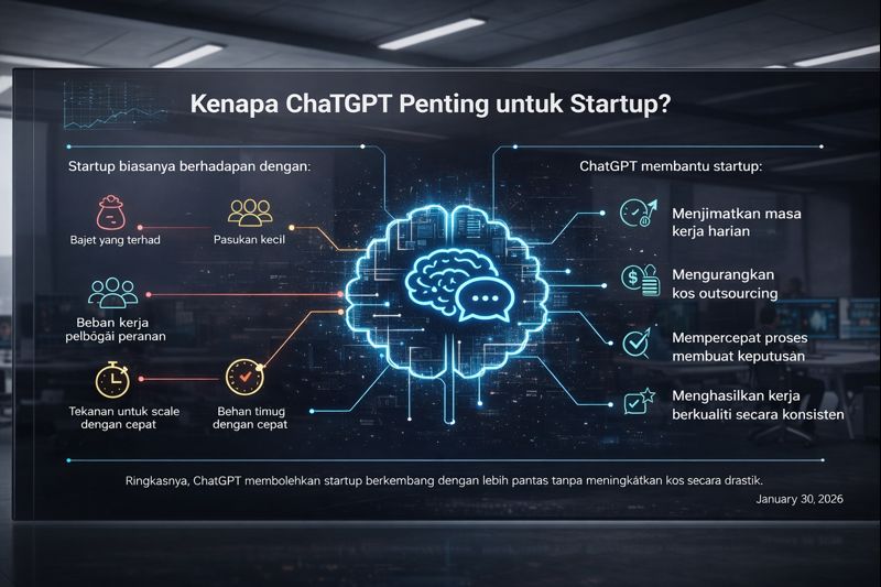 Sebuah infografik moden di atas skrin kaca lutsinar bertajuk "Kenapa ChatGPT Penting untuk Startup?". Di sebelah kiri terdapat bahagian "Cabaran Startup" dengan ikon untuk bajet terhad, pasukan kecil, dan beban kerja. Di sebelah kanan terdapat bahagian "Solusi ChatGPT" yang menunjukkan manfaat seperti menjimatkan masa, mengurangkan kos, dan kualiti konsisten. Di tengahnya terdapat grafik otak neon biru yang menghubungkan kedua-dua bahagian tersebut dalam suasana pejabat yang profesional.
