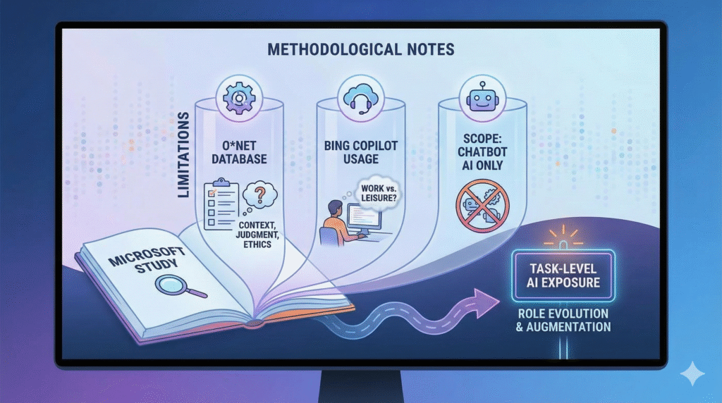 Infographic titled “Methodological Notes” summarizing a Microsoft study’s limitations, including reliance on O*NET databases, Bing Copilot usage context, and scope limited to chatbot AI, leading to insights on task-level AI exposure and role evolution through augmentation.