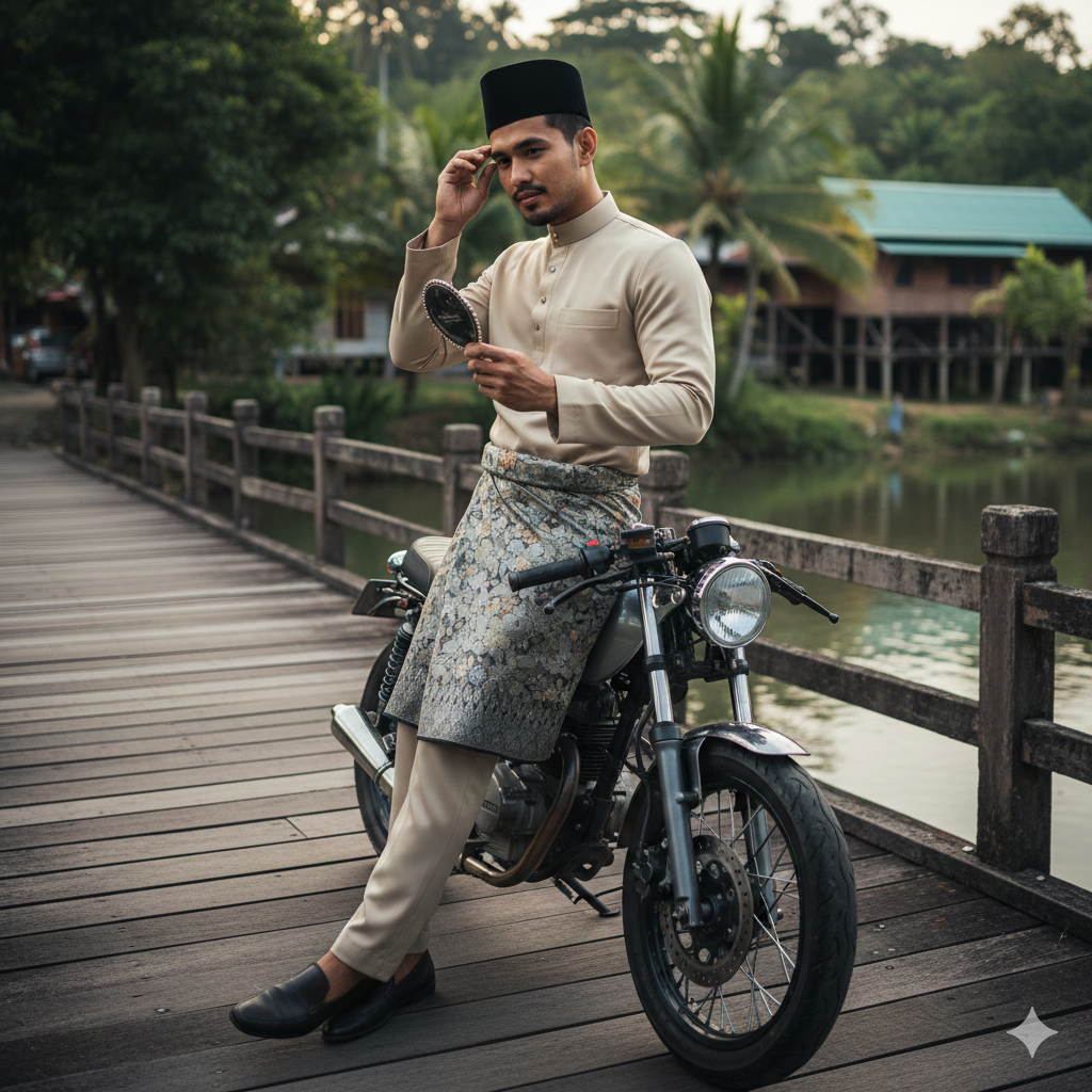 A man wearing traditional Malay attire with a sampin and songkok stands beside a vintage motorcycle on a wooden bridge, adjusting his headwear while looking into a small mirror, with a village house, trees, and a river in the background.