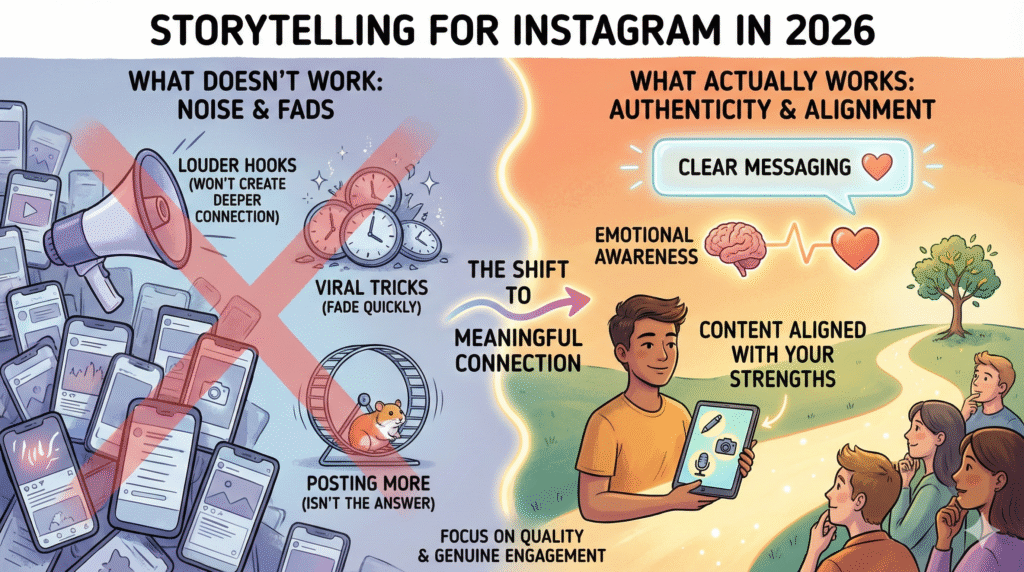 Infographic titled “Storytelling for Instagram in 2026” contrasting what doesn’t work—noise, ads, chasing virality, and overposting—with what works: authenticity, clear messaging, emotional awareness, and content aligned with personal strengths to build meaningful connections.