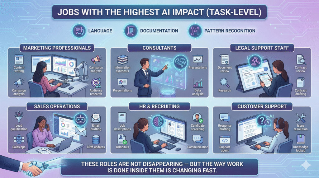 Infographic titled “Jobs with the Highest AI Impact (Task-Level)” highlighting roles such as marketing professionals, consultants, legal support staff, sales operations, HR and recruiting, and customer support, with icons for language, documentation, and pattern recognition, and a note that these roles are evolving rather than disappearing.