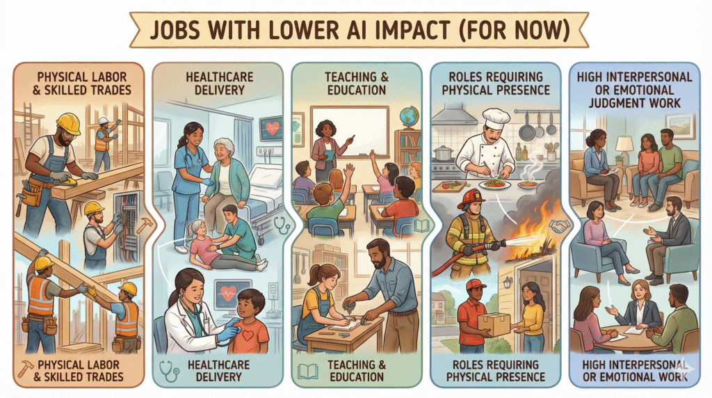 Infographic titled “Jobs with Lower AI Impact (For Now)” showing categories such as physical labor and skilled trades, healthcare delivery, teaching and education, roles requiring physical presence, and work needing high interpersonal or emotional judgment.