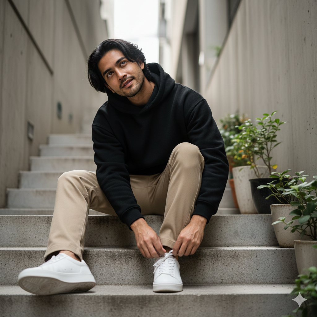 A casually dressed man in a black hoodie and beige pants sits on outdoor concrete steps, tying his white sneakers, with potted plants and building walls in a narrow alleyway behind him.