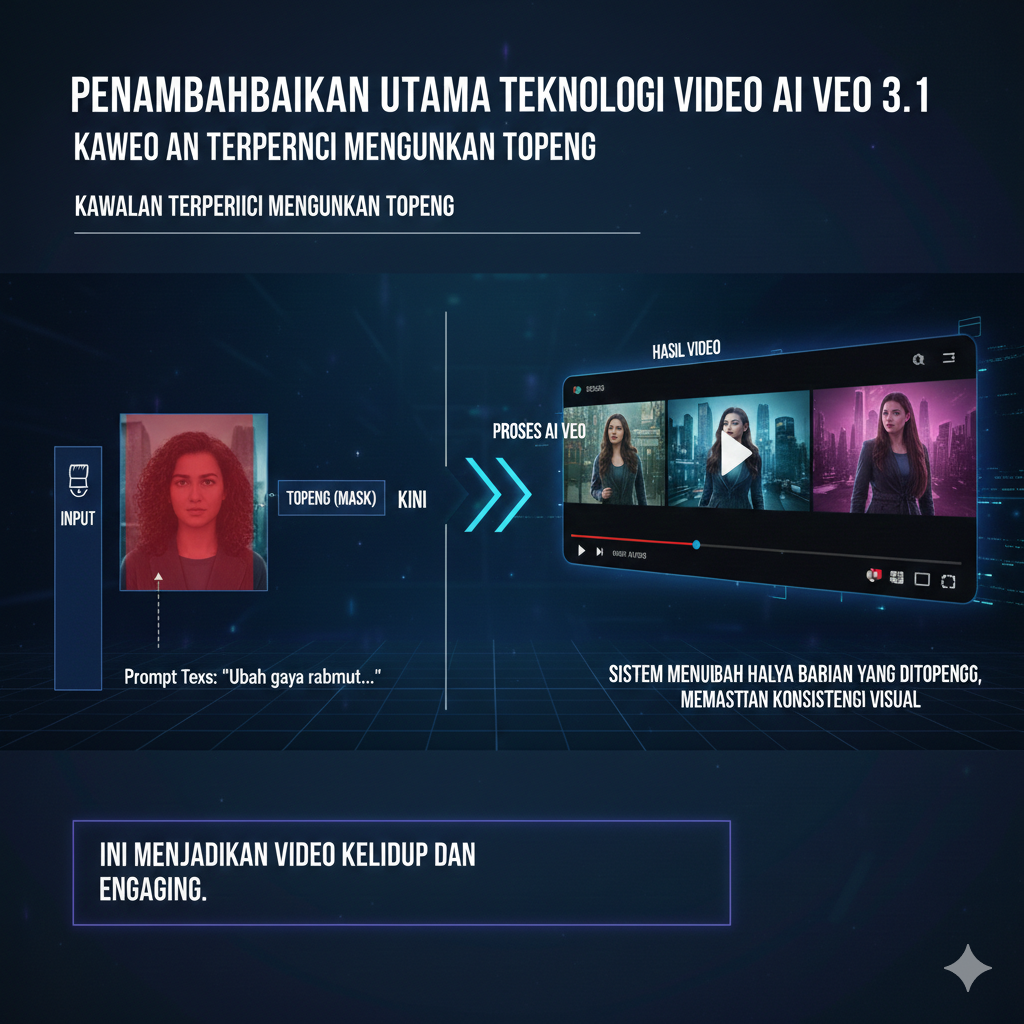 Infographic titled “Penambahbaikan Utama Teknologi Video AI Veo 3.1” illustrating precise control using a mask, where an input image is masked before processing in Veo to change only selected parts while keeping the rest consistent, shown alongside a video preview and captions explaining improved visual consistency and more engaging results.
