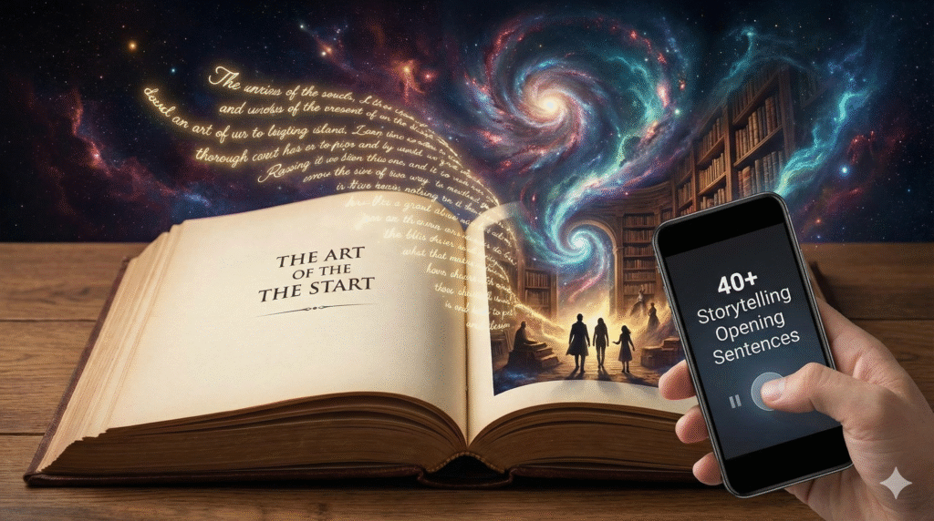 A fantasy-themed illustration of an open book titled “The Art of the Start” with glowing text and a swirling galaxy emerging from the pages, while a hand holds a smartphone displaying “40+ Storytelling Opening Sentences,” set against a library backdrop.