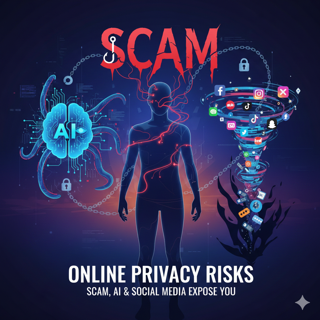 Ilustrasi risiko privasi dalam talian akibat scam, AI dan media sosial yang mendedahkan data serta identiti pengguna di internet.
