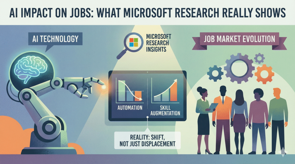 Infographic titled “AI Impact on Jobs: What Microsoft Research Really Shows” depicting AI technology, Microsoft research insights on automation and skill augmentation, and a job market evolution scene, emphasizing a shift rather than simple job displacement.