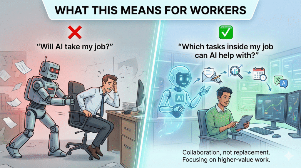 Split illustration titled “What This Means for Workers” contrasting fear that AI will take jobs with a positive view of AI assisting with tasks, emphasizing collaboration, higher-value work, and focusing on how AI can help within a job rather than replace it.